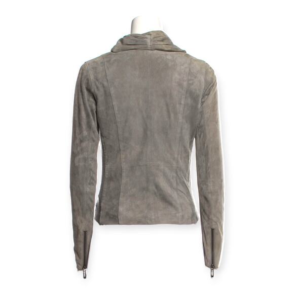 VINCE | XS | Women's Grey Suede Leather Mixed Media Drape Collar Biker Jacket - Picture 4 of 8